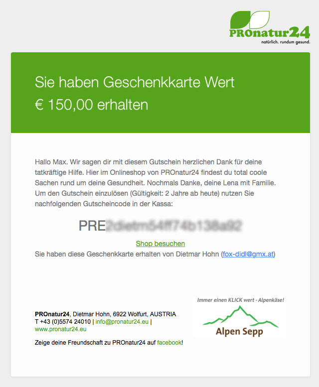 Gutscheincode für den PROnatur24 Onlineshop