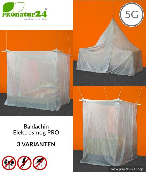 Abschirmender Baldachin Elektrosmog PRO. 3 Varianten für's Doppelbett, Einzelbett und Kinderbett. Abschirmung Funk bis 50 dB. Erdbar. Wirkungsvoll gegen 5G!