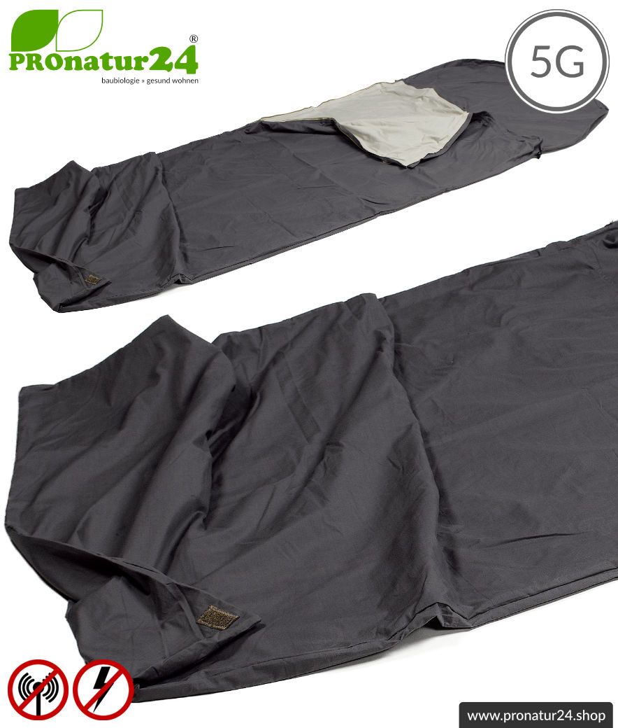 Abschirmendes Schlafsack SET Elektrosmog PRO all inclusive. Schutz vor Elektrosmog HF (bis zu 41 dB) für unterwegs. Erdbar. Wirkungsvoll gegen 5G!