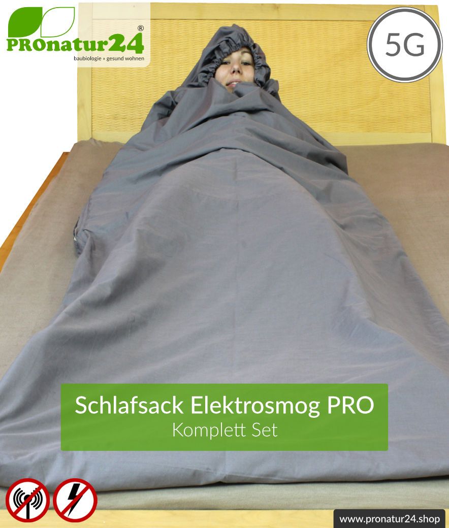 Abschirmendes Schlafsack SET Elektrosmog PRO all inclusive. Schutz vor Elektrosmog HF (bis zu 41 dB) für unterwegs. Erdbar. Wirkungsvoll gegen 5G!