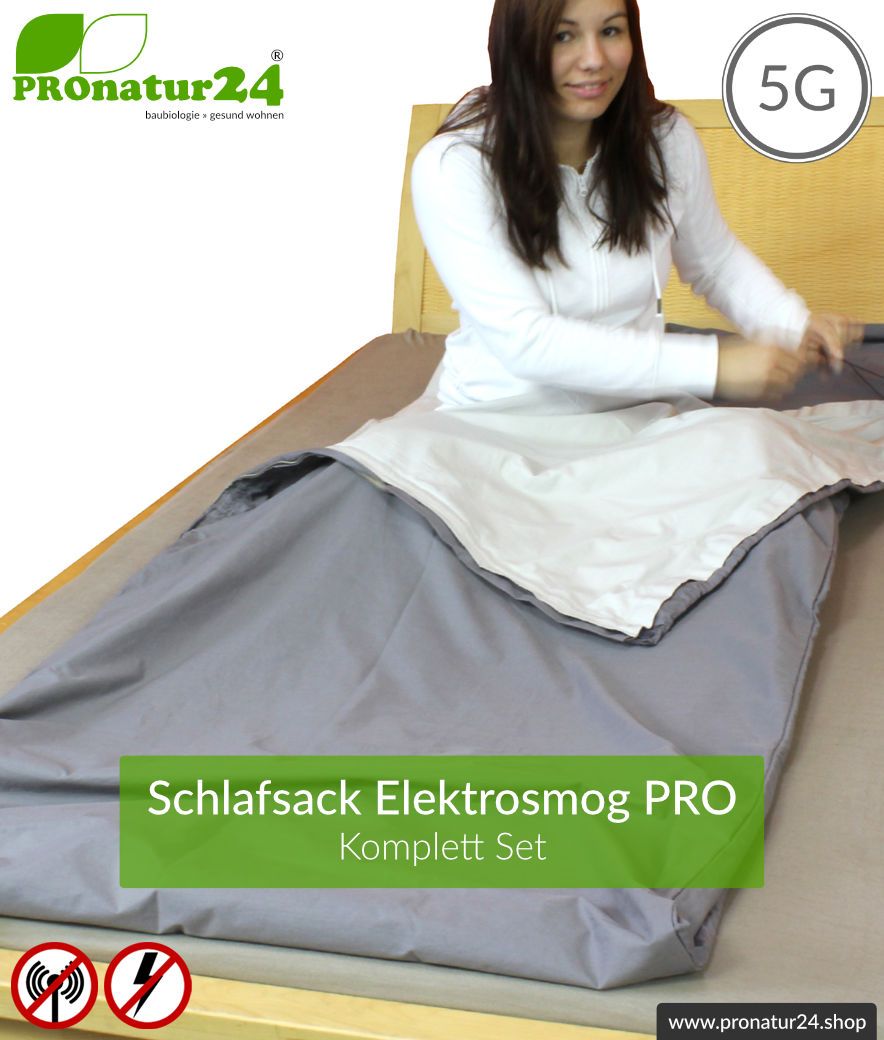 Abschirmendes Schlafsack SET Elektrosmog PRO all inclusive. Schutz vor Elektrosmog HF (bis zu 41 dB) für unterwegs. Erdbar. Wirkungsvoll gegen 5G!
