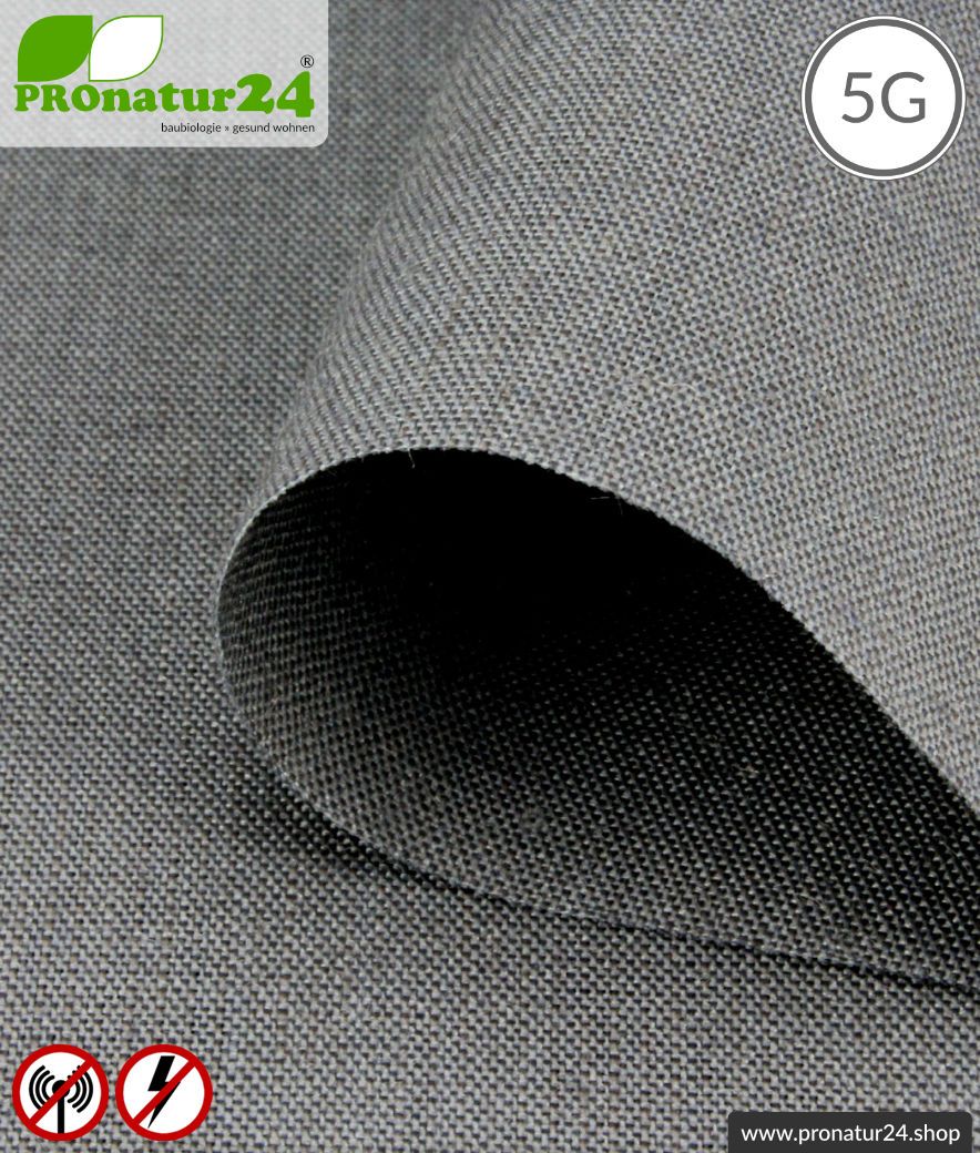 Abschirmstoff STEEL GRAY für Vorhänge, Bettwaren und Decken. HF Abschirmung bis 35 dB, erdbar. Wirkungsvoll gegen 5G!