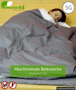 Abschirmende Bettwäsche TBL Set all inclusive. Abschirmung gegen HF Elektrosmog bis zu 41 dB (WLAN, Handy). Erdbar. Wirkungsvoll gegen 5G!