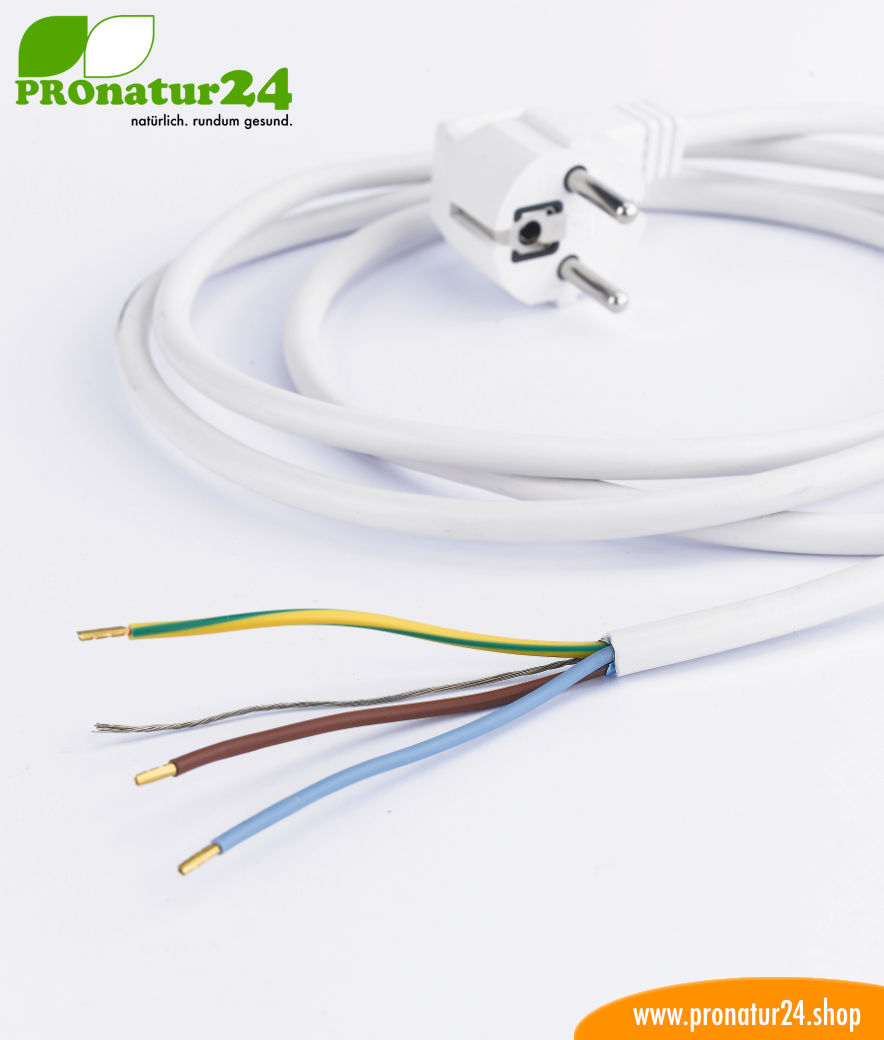 Geschirmtes Kabel mit Schuko Stecker und freiem Ende, weiss
