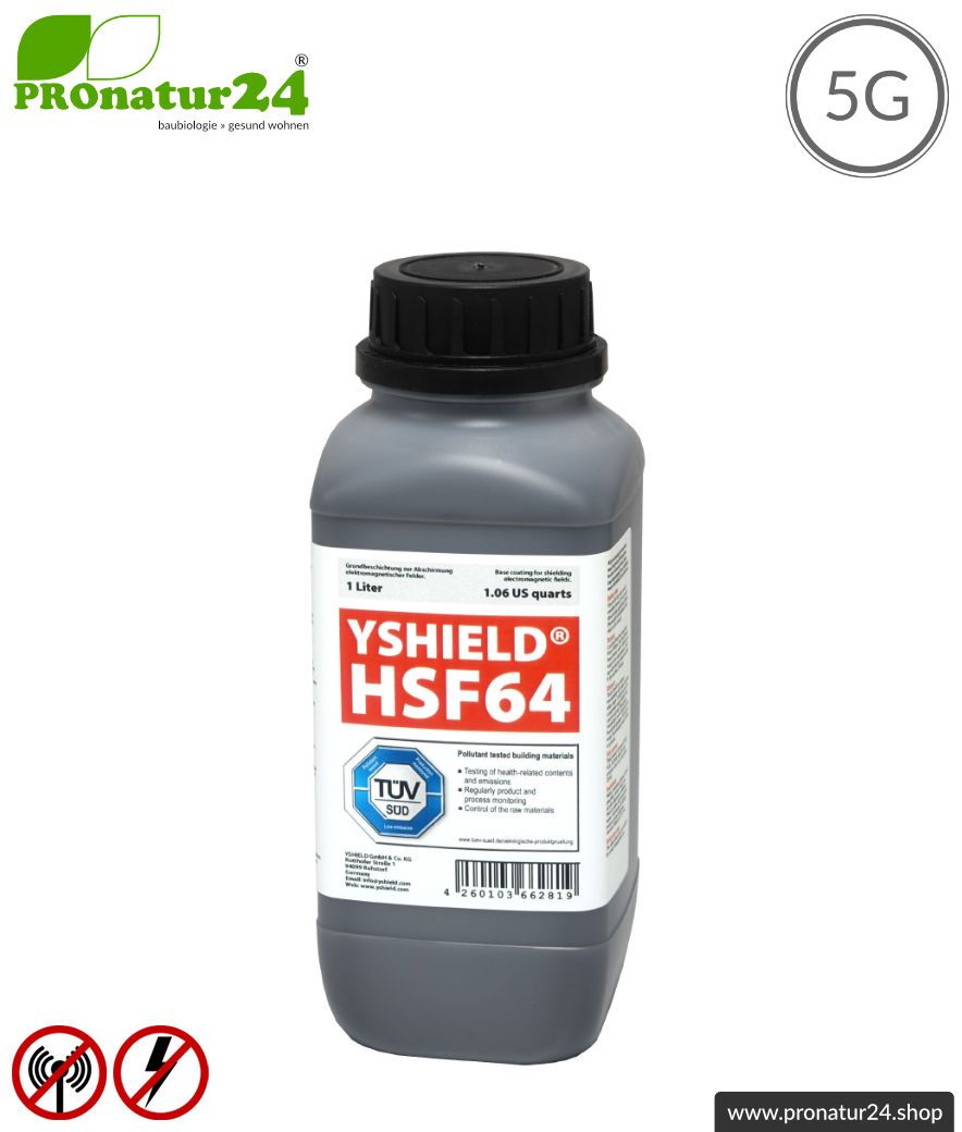Abschirmfarbe HSF64, HF Abschirmung bis 54 dB, NF Erdung notwendig. Ohne Konservierungsmittel von YSHIELD. Effektiv bei 5G! Abschirmfarbe HSF64, HF Abschirmung bis 54 dB, NF Erdung notwendig. Ohne Konservierungsmittel von YSHIELD. Effektiv bei 5G!