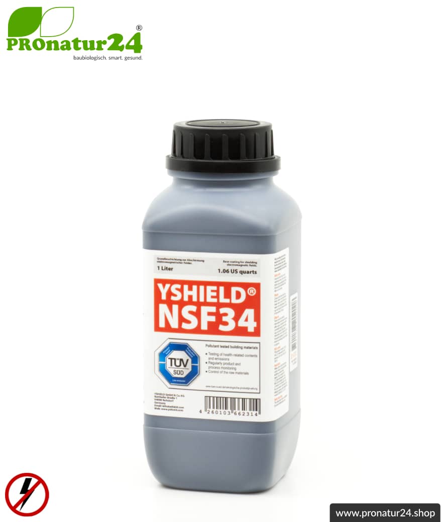 Abschirmfarbe NSF34 | NF Abschirmung bis 40 dB. Schutz vor niederfrequenten elektrischen Felder (Hausstrom). | TÜV SÜD zertifiziert | Erdung notwendig.