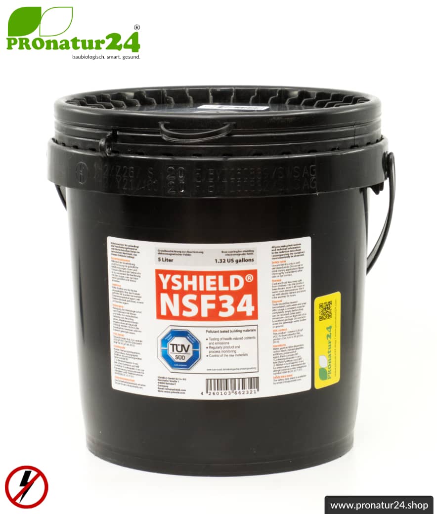 Abschirmfarbe NSF34 | NF Abschirmung bis 40 dB. Schutz vor niederfrequenten elektrischen Felder (Hausstrom). | TÜV SÜD zertifiziert | Erdung notwendig.