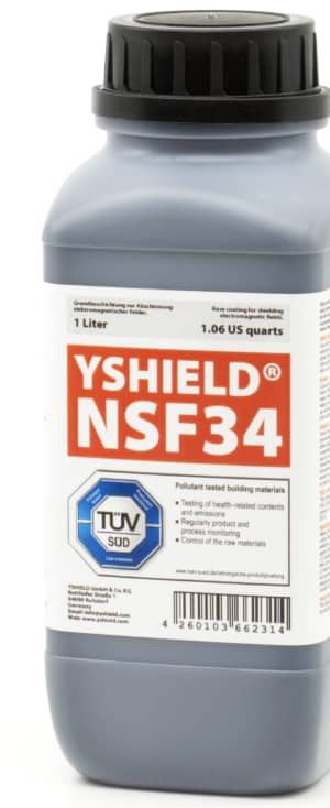 Abschirmfarbe NSF34 | NF Abschirmung bis 40 dB. Schutz vor niederfrequenten elektrischen Felder (Hausstrom). | TÜV SÜD zertifiziert | Erdung notwendig. Abschirmfarbe NSF34 | NF Abschirmung bis 40 dB. Schutz vor niederfrequenten elektrischen Felder (Hausstrom). | TÜV SÜD zertifiziert | Erdung notwendig.
