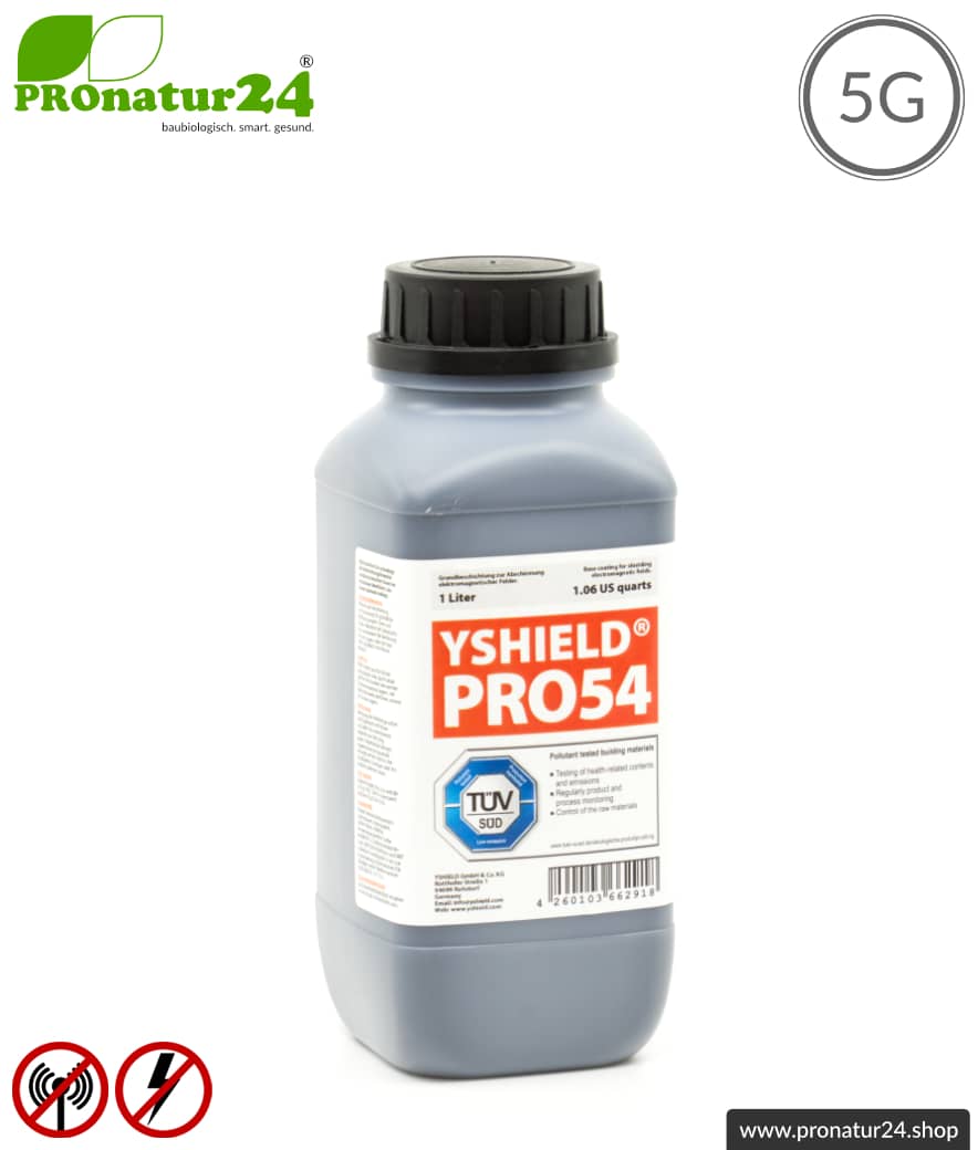 Abschirmfarbe PRO54 | HF Abschirmung bis zu 53 dB. Kein Graphit-Effekt = färbt nicht ab. Technisch die belastbarste Abschirmfarbe. | TÜV SÜD zertifiziert | Erdung notwendig. Effektiv bei 5G!