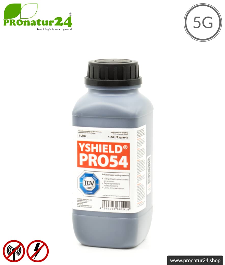 Abschirmfarbe PRO54 | HF Abschirmung bis zu 53 dB. Kein Graphit-Effekt = färbt nicht ab. Technisch die belastbarste Abschirmfarbe. | TÜV SÜD zertifiziert | Erdung notwendig. Effektiv bei 5G!