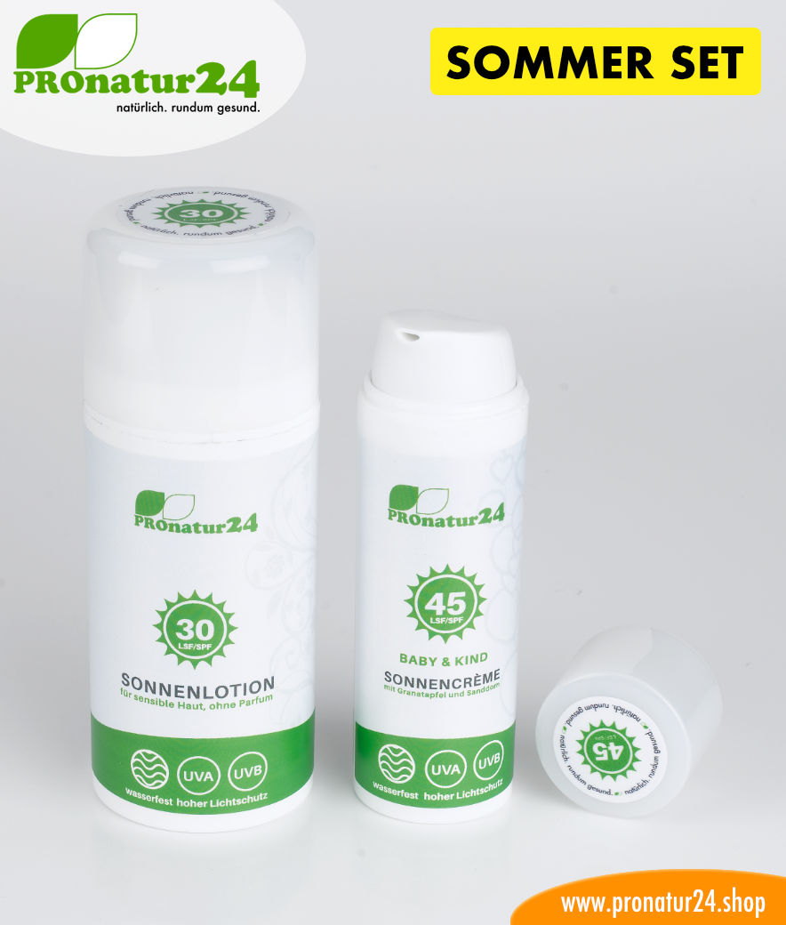 Sonnencreme SOMMER SET: mineralischer Schutz LSF 30 + 45, UVA, UVB, wasserfest. OHNE CHEMIE, OHNE ALLERGENE, uvm.. Ideal fürs NACKT BADEN und FKK!