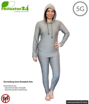 Abschirmende Kleidungs-Set mit Hoodie und Hose. Schutz bis 50 dB vor HF Elektrosmog (Handy, WLAN, LTE) für elektrosensible Menschen. Wirkungsvoll gegen 5G!