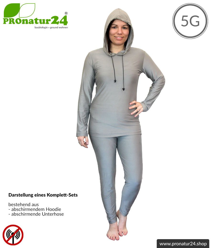 Abschirmende Kleidungs-Set mit Hoodie und Hose. Schutz bis 50 dB vor HF Elektrosmog (Handy, WLAN, LTE) für elektrosensible Menschen. Wirkungsvoll gegen 5G!
