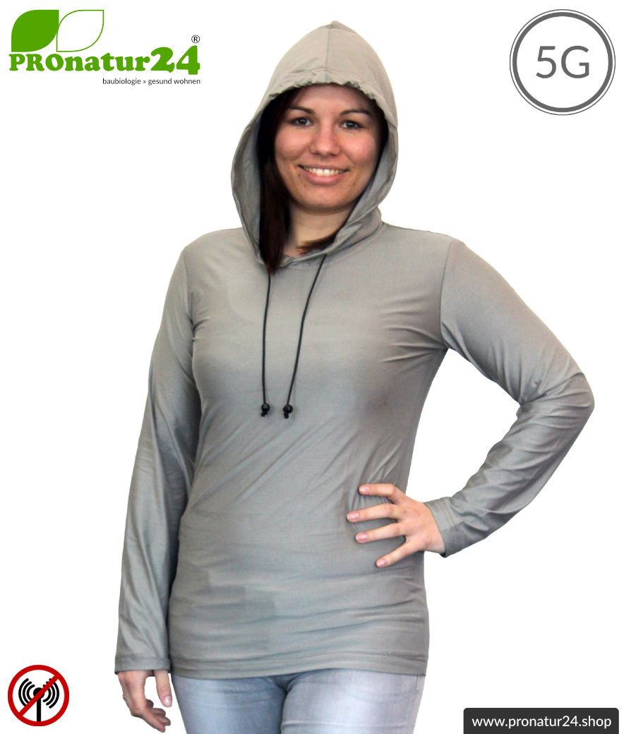 Abschirmender Hoodie / Kapuzenpullover. Schutz bis 50 dB vor HF Elektrosmog (Handy, WLAN, LTE). Wirkungsvoll gegen 5G!