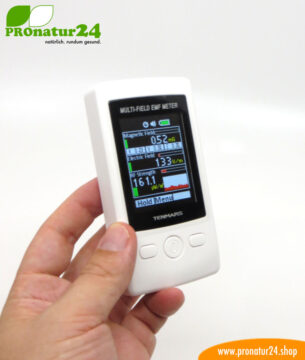 TENMARS TM-190 Multi-Field EMF Meter. Größenvergleich mit Hand.