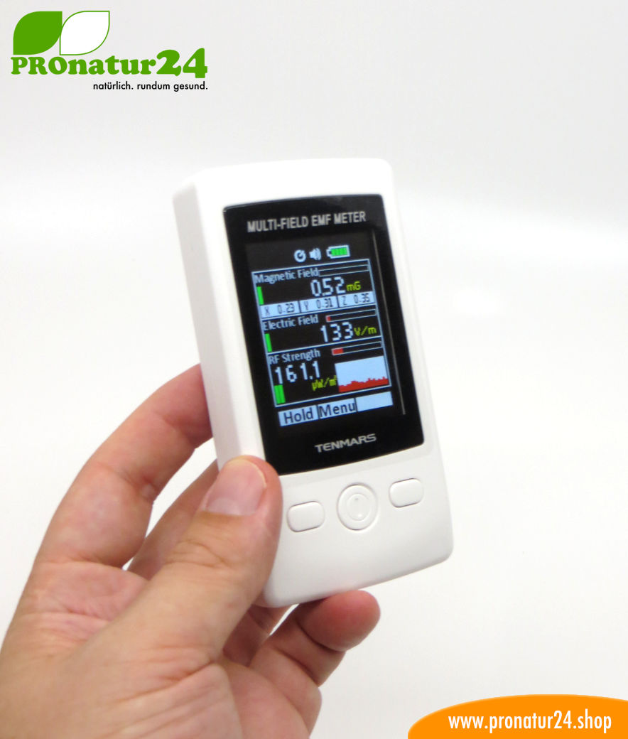 TENMARS TM-190 Multi-Field EMF Meter. Größenvergleich mit Hand.