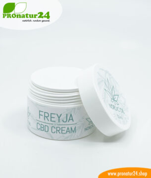 FREJYA CBD Hautcreme. Entwickelt von Nordic Oil als Unterstützung und Hilfe bei Ekzemen (Hautentzündungen) mittels u.a. Cannabidiol. Ohne THC. Vegan.