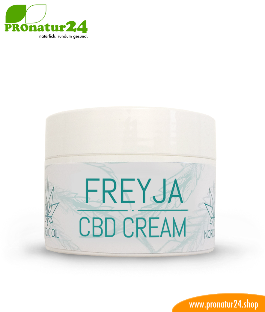 FREJYA CBD Hautcreme. Entwickelt von Nordic Oil als Unterstützung und Hilfe bei Ekzemen (Hautentzündungen) mittels u.a. Cannabidiol. Ohne THC. Vegan.