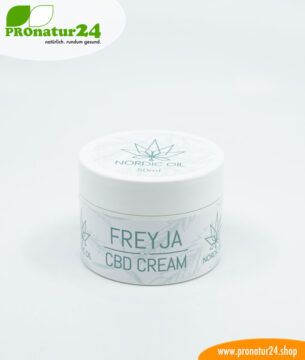 FREJYA CBD Hautcreme. Entwickelt von Nordic Oil als Unterstützung und Hilfe bei Ekzemen (Hautentzündungen) mittels u.a. Cannabidiol. Ohne THC. Vegan.