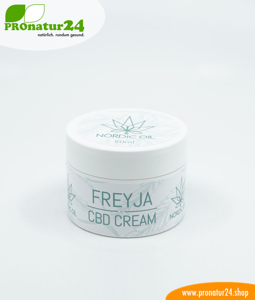 FREJYA CBD Hautcreme. Entwickelt von Nordic Oil als Unterstützung und Hilfe bei Ekzemen (Hautentzündungen) mittels u.a. Cannabidiol. Ohne THC. Vegan.
