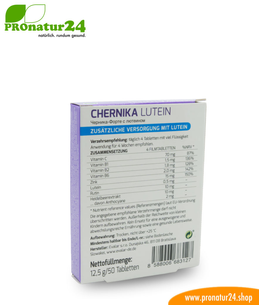 CHERNIKA LUTEIN VON EVALAR (Черника-Форте с лютеином). Glutenfrei, ohne Gentechnik, GMP.