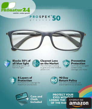 PROSPEK Blaulichtfilter Brille DYNAMIC mit Blendschutz. Professionelle hochwertige PC Brille mit großem Rahmen fürs Arbeiten und Spielen am Computer. Schützt Ihre Augen vor blauem Licht! Erhältlich bei Amazon.