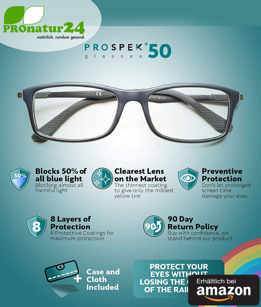 PROSPEK Blaulichtfilter Brille DYNAMIC mit Blendschutz. Professionelle hochwertige PC Brille mit großem Rahmen fürs Arbeiten und Spielen am Computer. Schützt Ihre Augen vor blauem Licht! Erhältlich bei Amazon.