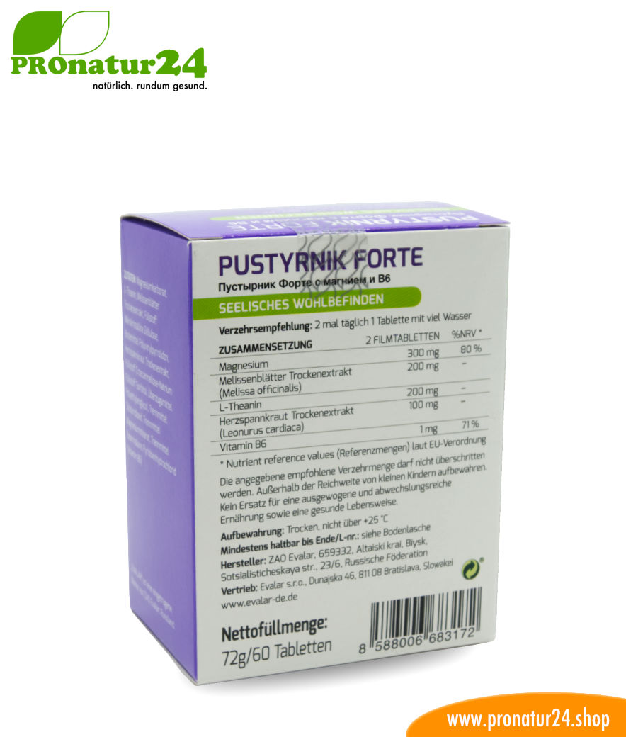 PUSTYRNIK FORTE VON EVALAR (Пустырник Форте с магнием и В6). Glutenfrei, vegan, ohne Gentechnik, GMP.