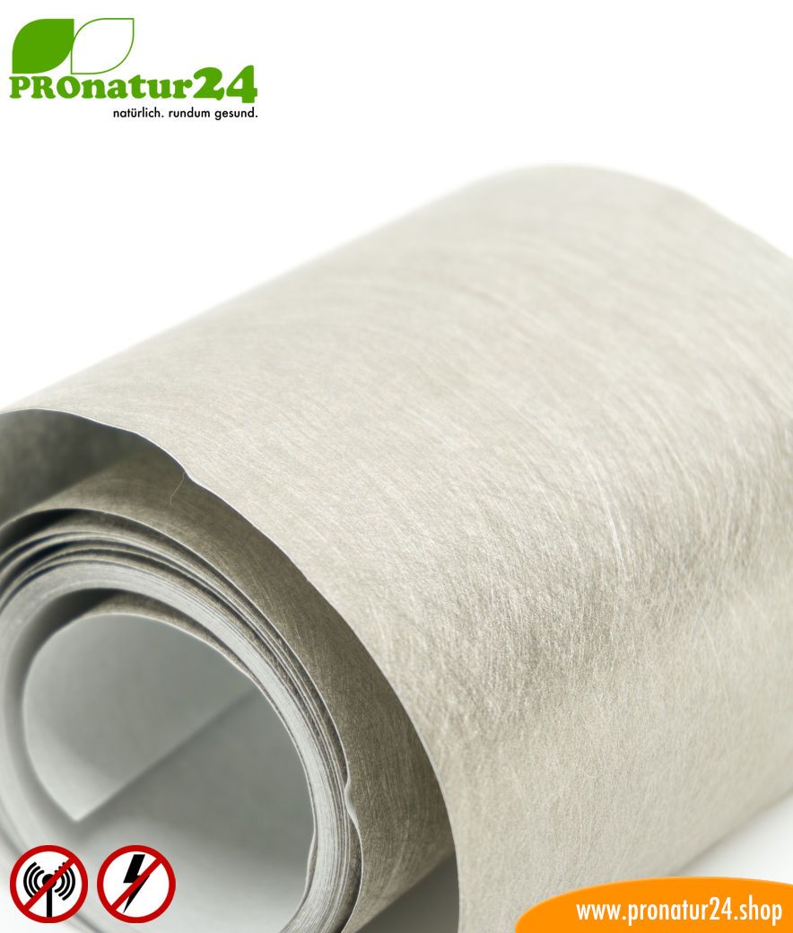 Selbstklebendes Abschirmvlies EB3 mit leitfähigem Kleber für auf Abschirmfarben und Abschirmgewebe. Breite 10 cm. HF und NF.