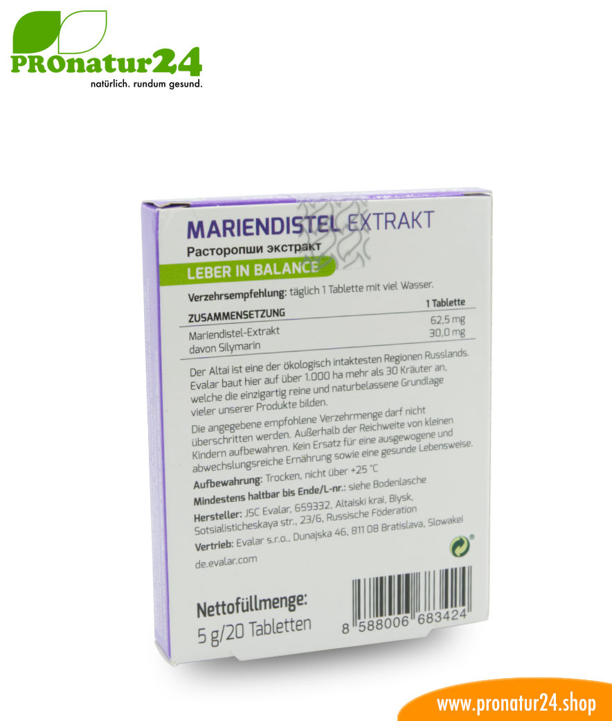 MARIENDISTEL EXTRAKT VON EVALAR (Расторопши экстракт). Glutenfrei, vegan, ohne Gentechnik, GMP.