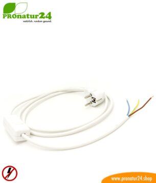Geschirmtes Kabel mit Schnur-Zwischenschalter mit Schuko Stecker und freiem Ende, weiß (Typ EF)