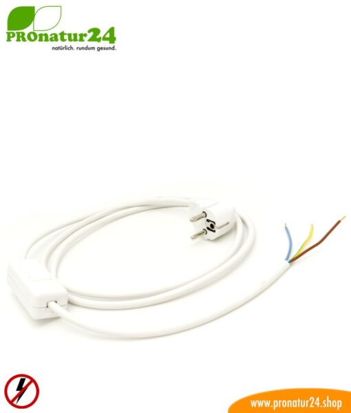 Geschirmtes Kabel mit Schnur-Zwischenschalter mit Schuko Stecker und freiem Ende, weiß (Typ EF)