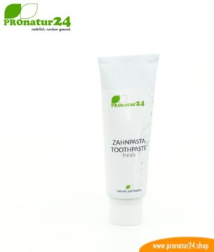 ZAHNPASTA fresh. Mit mineralischem Putzkörper und ohne Fluor/Fluorid, ohne Zucker* oder künstlichem Süßstoff, ohne schäumende Tenside und vieles mehr.