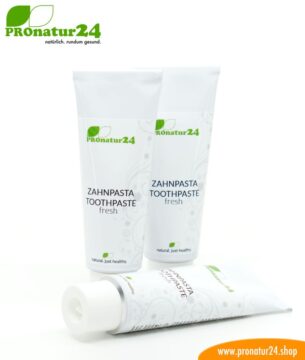 ZAHNPASTA fresh. Mit mineralischem Putzkörper und ohne Fluor/Fluorid, ohne Zucker* oder künstlichem Süßstoff, ohne schäumende Tenside und vieles mehr.