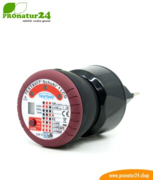 Testavit® Schuki® 1 LCD Steckdosenprüfgerät mit FI/RCD Auslösung mit J Adapter für die Schweiz. Schneller Check der Erdung und FI-Schalter.