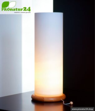 Geschirmte Tischleuchte in Zylinder Form mit Opalglas, 37cm hoch, Fuß aus Buchenholz, E27 Fassung, 40 Watt