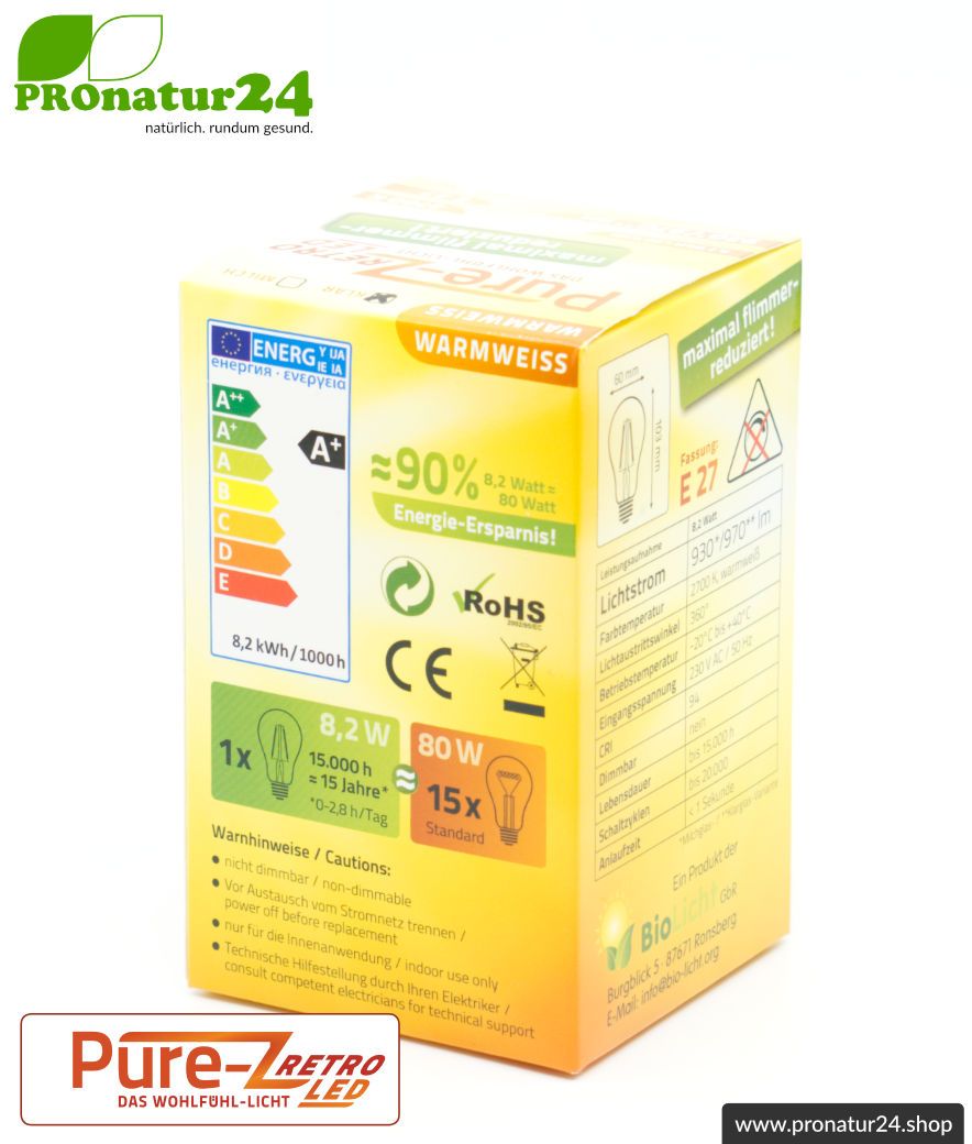 LED Leuchtmittel Filament Pure-Z-Retro BIO LICHT, klar, E27, 8,2 Watt, 970 Lumen, warmweiß (2700 K). Feedbild.