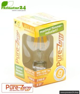 LED Leuchtmittel Filament Pure-Z-Retro BIO LICHT, klar, E27, 8,2 Watt, 970 Lumen, warmweiß (2700 K). Feedbild.