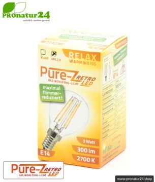 LED Leuchtmittel Filament Pure-Z-Retro BIO LICHT, matt, E14, 3 Watt, 300 Lumen, warmweiß (2700 K). Entspricht 30 Watt Lichtleistung.