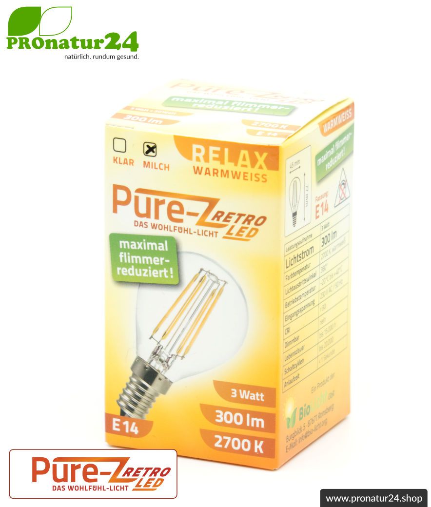 LED Leuchtmittel Filament Pure-Z-Retro BIO LICHT, matt, E14, 3 Watt, 300 Lumen, warmweiß (2700 K). Entspricht 30 Watt Lichtleistung.