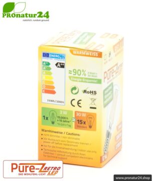 LED Leuchtmittel Filament Pure-Z-Retro BIO LICHT, matt, E14, 3 Watt, 300 Lumen, warmweiß (2700 K). Entspricht 30 Watt Lichtleistung.
