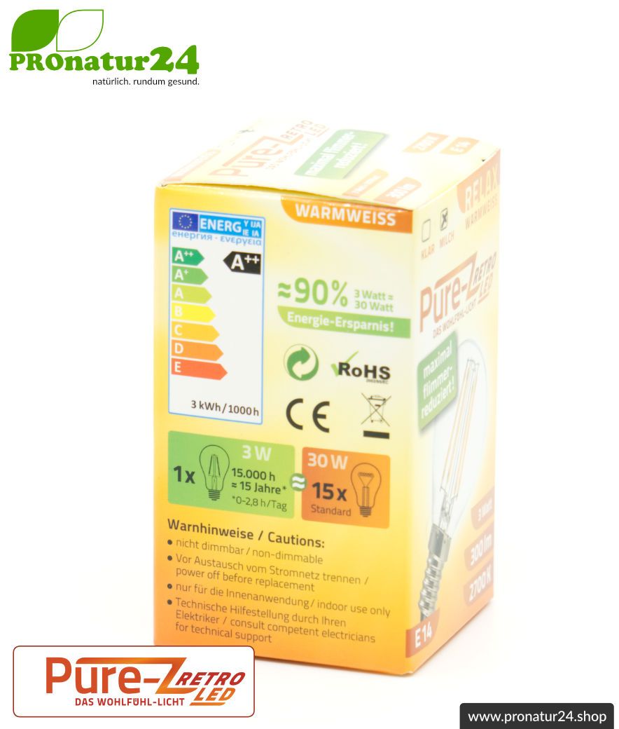 LED Leuchtmittel Filament Pure-Z-Retro BIO LICHT, matt, E14, 3 Watt, 300 Lumen, warmweiß (2700 K). Entspricht 30 Watt Lichtleistung.
