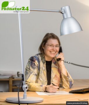 Geschirmte Lampe für Schreibtisch und Arbeitsplatz. Ideale Werkleuchte. 48 Watt. E27. Alu Silber Design. Wähle die Halterung!
