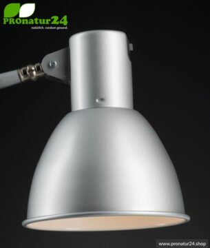 Geschirmte Lampe für Schreibtisch und Arbeitsplatz. Ideale Werkleuchte. 48 Watt. E27. Alu Silber Design. Wähle die Halterung!