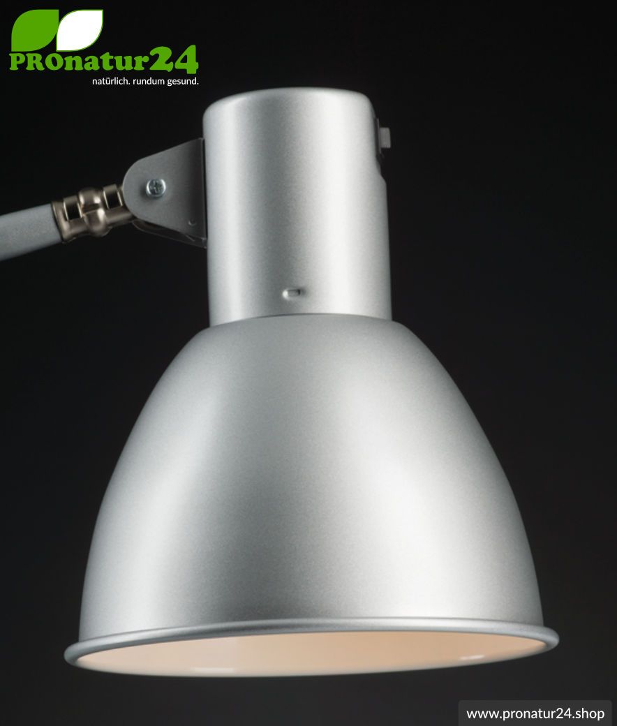 Geschirmte Lampe für Schreibtisch und Arbeitsplatz. Ideale Werkleuchte. 48 Watt. E27. Alu Silber Design. Wähle die Halterung!
