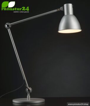 Geschirmte Lampe für Schreibtisch und Arbeitsplatz. Ideale Werkleuchte. 48 Watt. E27. Alu Silber Design. Wähle die Halterung!