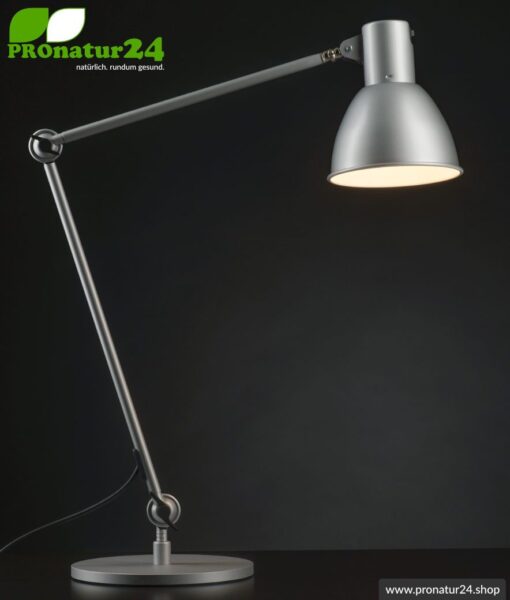 Geschirmte Lampe für Schreibtisch und Arbeitsplatz. Ideale Werkleuchte. 48 Watt. E27. Alu Silber Design. Wähle die Halterung!