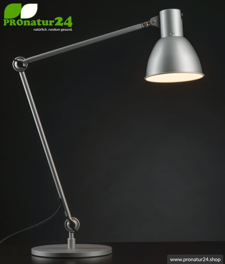 Geschirmte Lampe für Schreibtisch und Arbeitsplatz. Ideale Werkleuchte. 48 Watt. E27. Alu Silber Design. Wähle die Halterung!