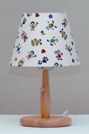 Geschirmte Tischleuchte für Kinder aus Buchenholz mit Lampenschirm aus Baumwolle. 31 cm Höhe, E27 Fassung, 40 Watt. Geschirmte Tischleuchte für Kinder aus Buchenholz mit Lampenschirm aus Baumwolle. 31 cm Höhe, E27 Fassung, 40 Watt.
