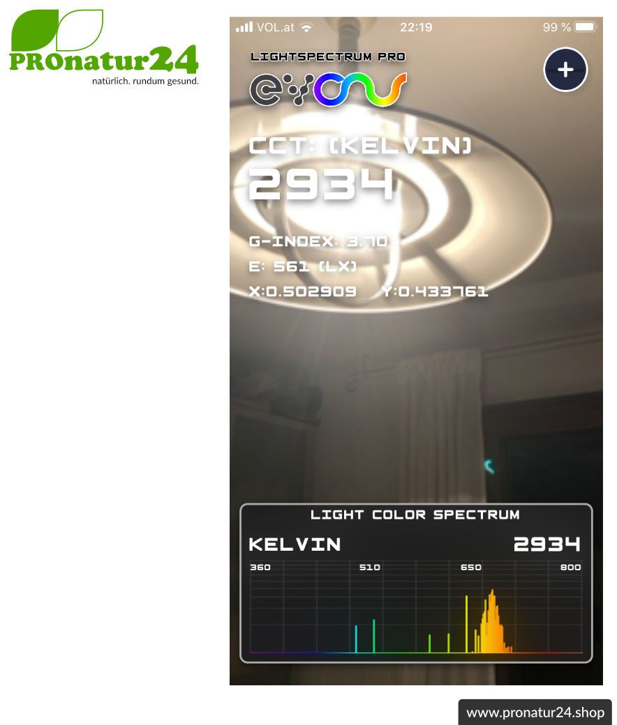 Lightspectrum Pro EVO zur Messung der Farbtemperatur in Kelvin und Darstellung des Farbspektrums. Für Android und iOS.